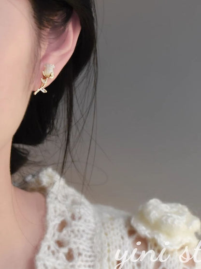 Stud Rhinestone Rose Asymmetrical Earring Heart Alloy