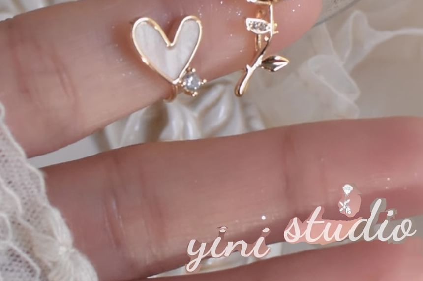 Stud Rhinestone Rose Asymmetrical Earring Heart Alloy