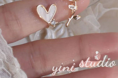 Stud Rhinestone Rose Asymmetrical Earring Heart Alloy