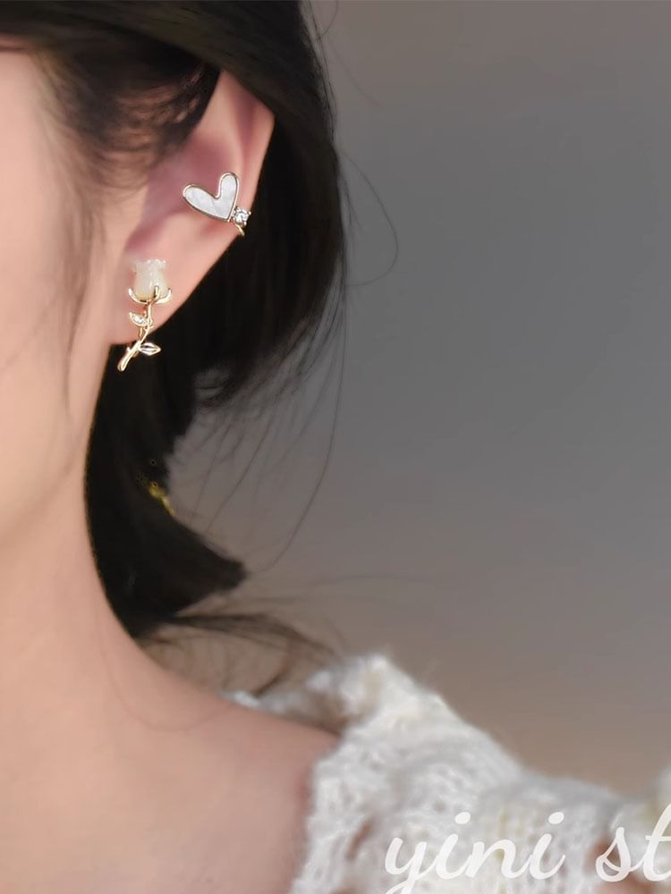 Stud Rhinestone Rose Asymmetrical Earring Heart Alloy