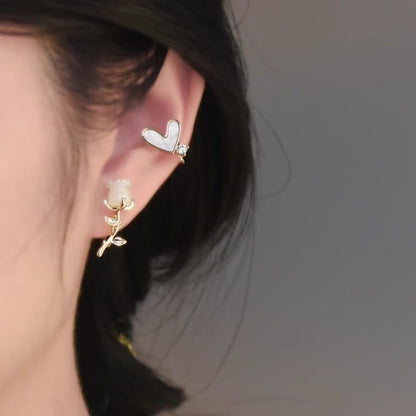 Stud Rhinestone Rose Asymmetrical Earring Heart Alloy