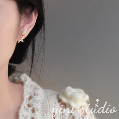 Stud Rhinestone Rose Asymmetrical Earring Heart Alloy