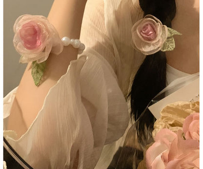 Mesh Pearl Hair Scrunchie Clip Rose (Various Tie Faux / Designs)