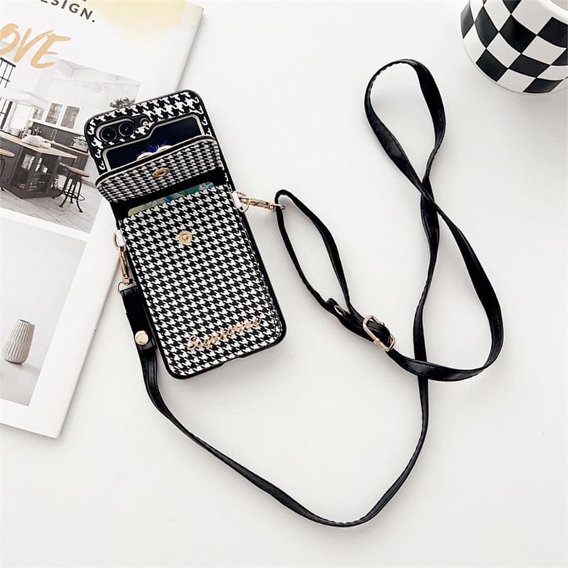 Case Lanyard Pearl Faux Cat Phone Houndstooth