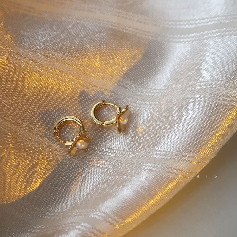 Sterling Flower Silver Pearl Faux Huggie Earring