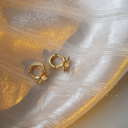 Sterling Flower Silver Pearl Faux Huggie Earring