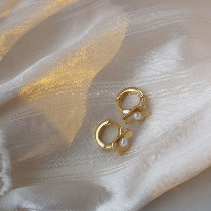 Sterling Flower Silver Pearl Faux Huggie Earring