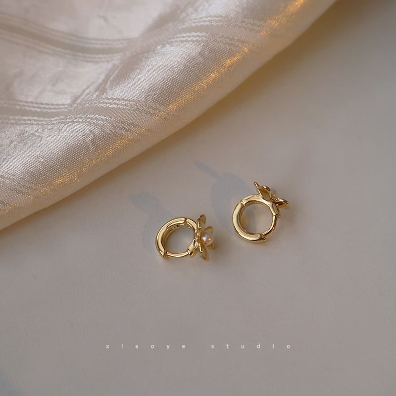 Sterling Flower Silver Pearl Faux Huggie Earring