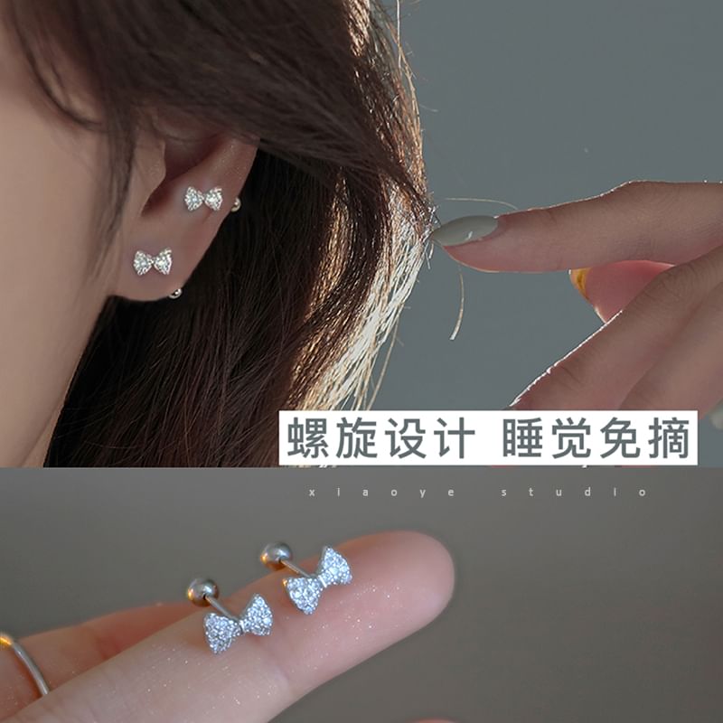 Barbell Sterling Bow Earring Silver Rhinestone