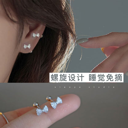 Barbell Sterling Bow Earring Silver Rhinestone