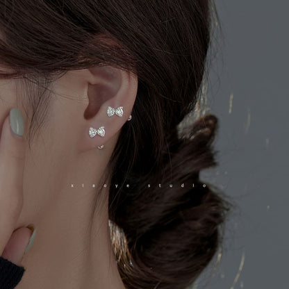 Barbell Sterling Bow Earring Silver Rhinestone