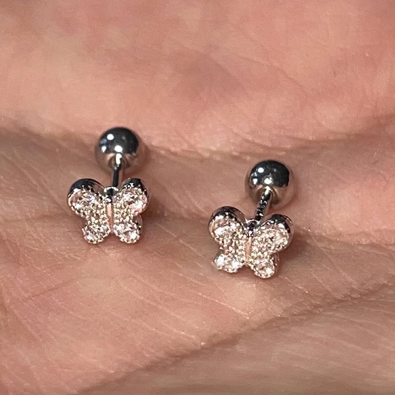 Rhinestone Silver Butterfly Earring Barbell Sterling