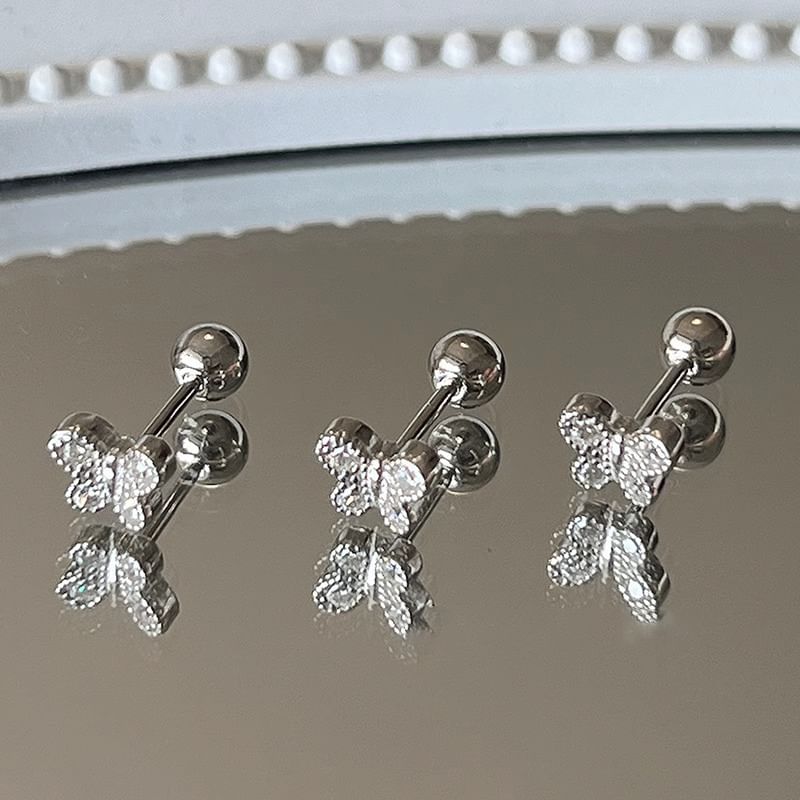 Rhinestone Silver Butterfly Earring Barbell Sterling