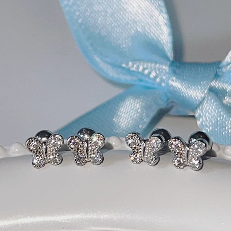 Rhinestone Silver Butterfly Earring Barbell Sterling