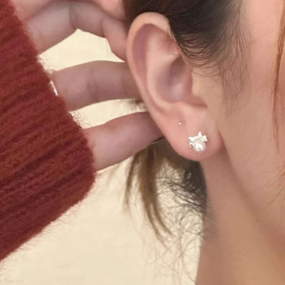 Faux Pearl Bow Earring Barbell Silver Sterling