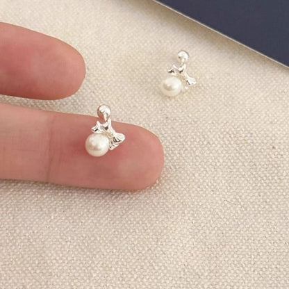 Faux Pearl Bow Earring Barbell Silver Sterling