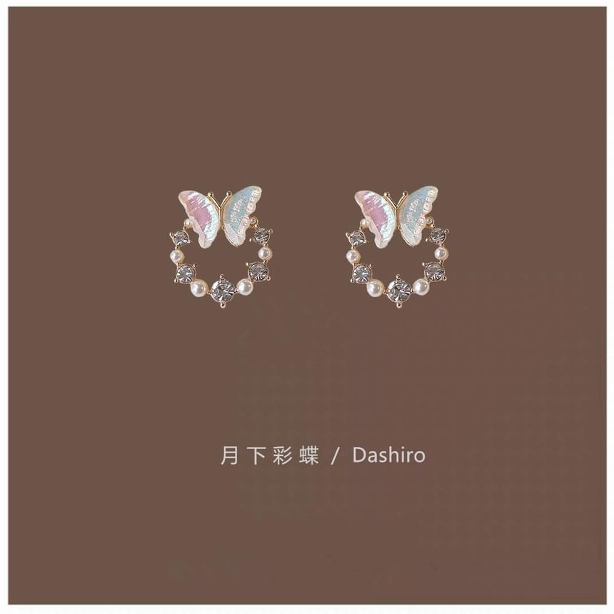 Rhinestone Faux Butterfly Pearl Stud Earring Alloy