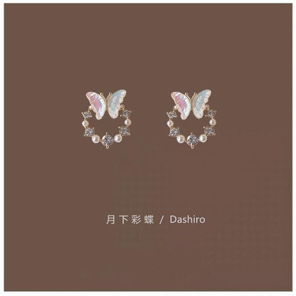 Rhinestone Faux Butterfly Pearl Stud Earring Alloy