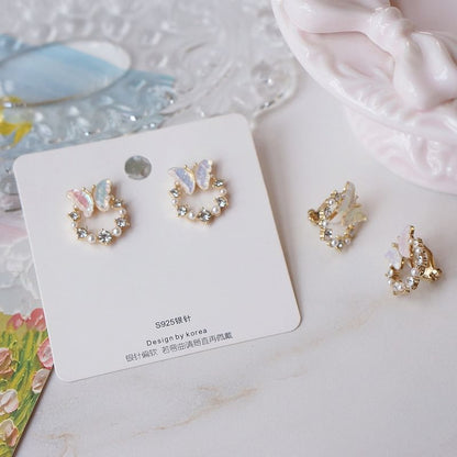 Rhinestone Faux Butterfly Pearl Stud Earring Alloy