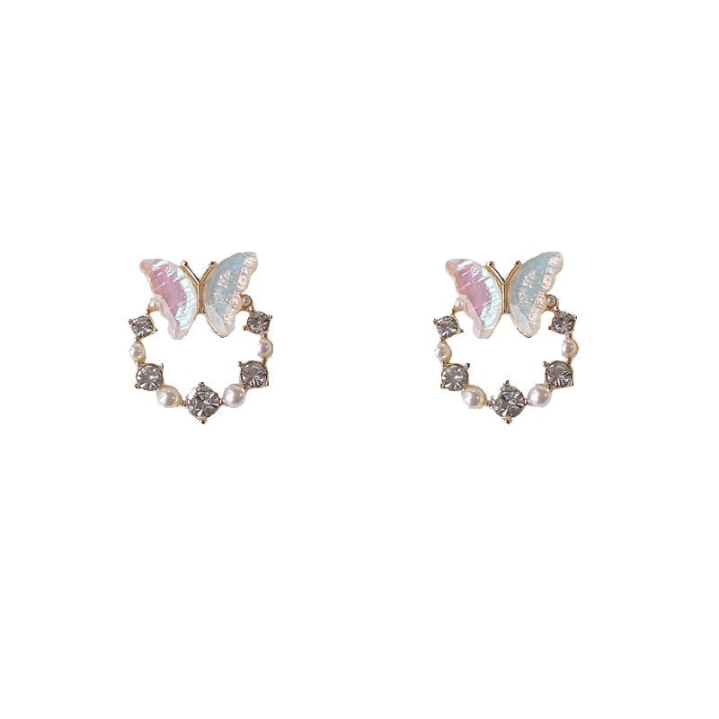 Rhinestone Faux Butterfly Pearl Stud Earring Alloy