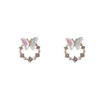 Rhinestone Faux Butterfly Pearl Stud Earring Alloy