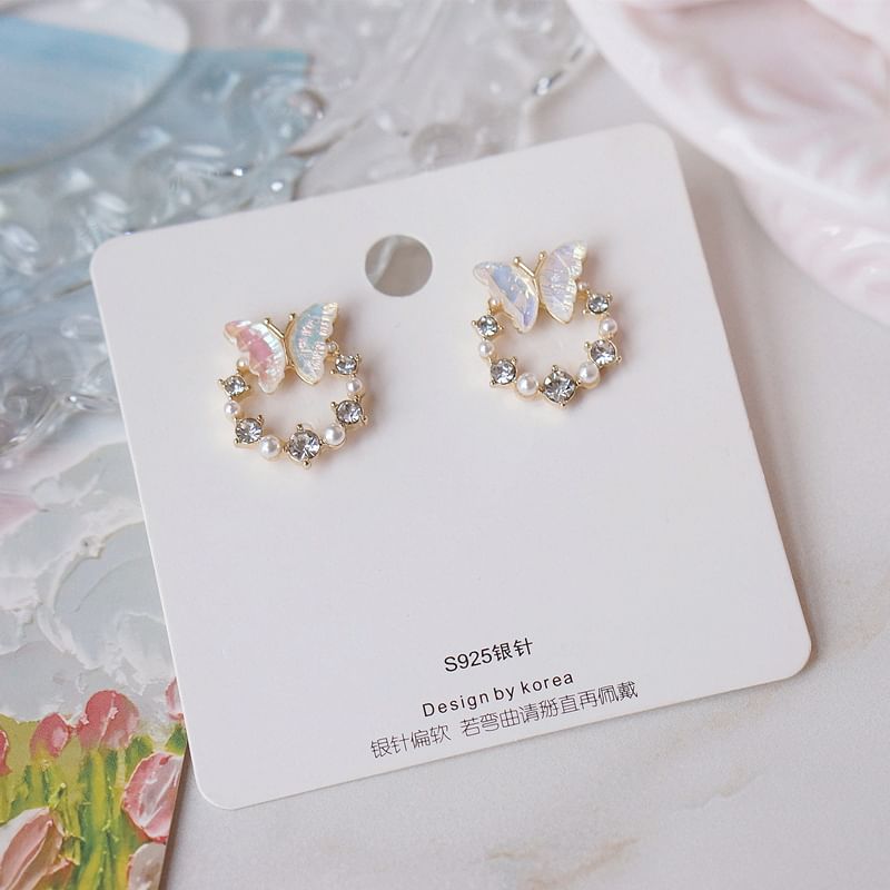 Rhinestone Faux Butterfly Pearl Stud Earring Alloy