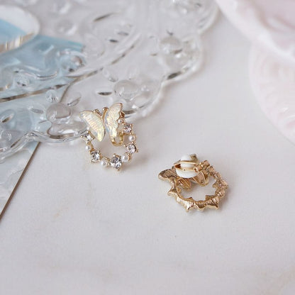Rhinestone Faux Butterfly Pearl Stud Earring Alloy
