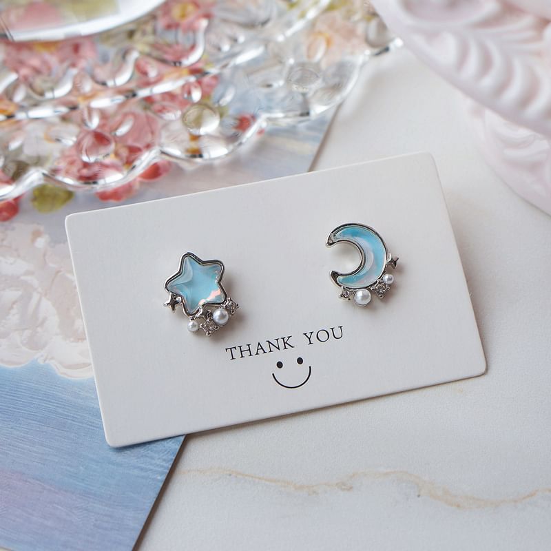 Alloy Earring Asymmetrical Stud Moon Star