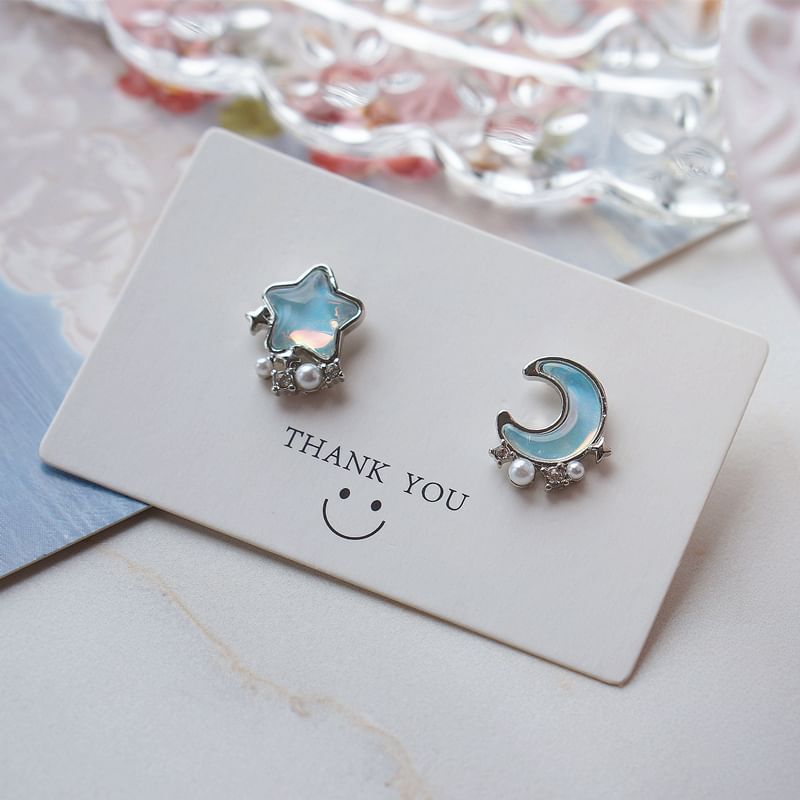 Alloy Earring Asymmetrical Stud Moon Star