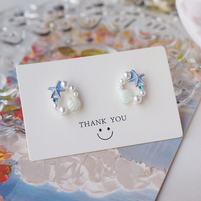 Starfish Stud Earring Faux Alloy Pearl Shell