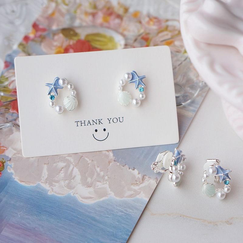Starfish Stud Earring Faux Alloy Pearl Shell