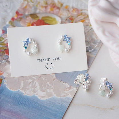 Starfish Stud Earring Faux Alloy Pearl Shell