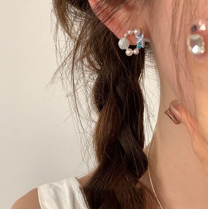 Starfish Stud Earring Faux Alloy Pearl Shell