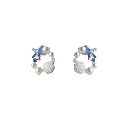 Starfish Stud Earring Faux Alloy Pearl Shell