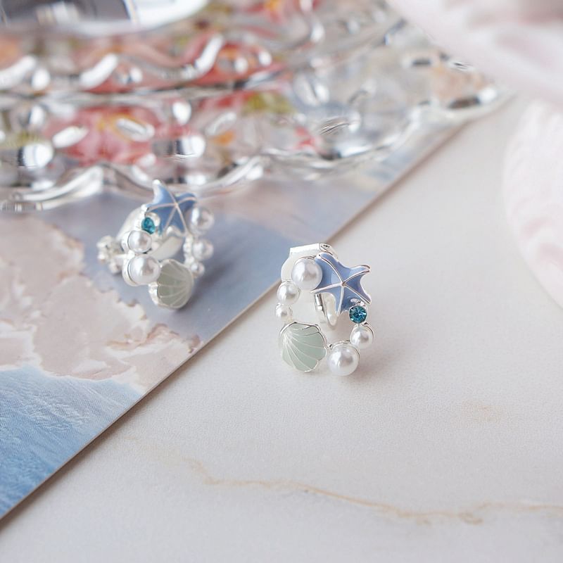 Starfish Stud Earring Faux Alloy Pearl Shell