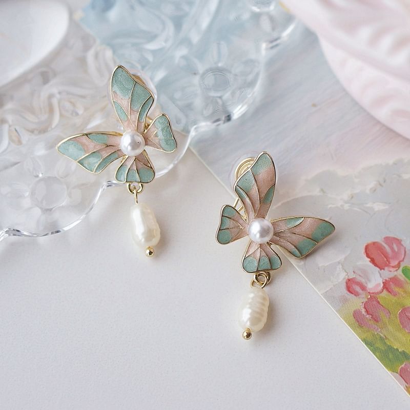 Drop On / Faux Enamel Clip Earring Butterfly Pearl