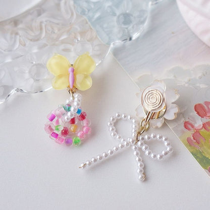 Drop Earring / On Flower Beaded Clip Asymmetrical