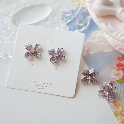 / Clip On Earring Stud Rhinestone Flower