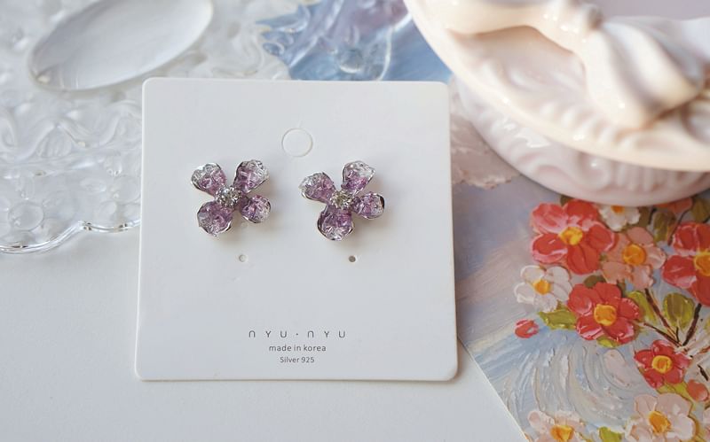 / Clip On Earring Stud Rhinestone Flower