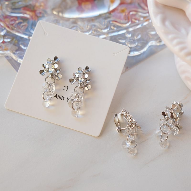 Floral Earring Rhinestone / Faux Drop Crystal Clip-On