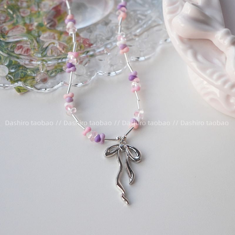 Necklace Irregular Beaded Pendant Bow