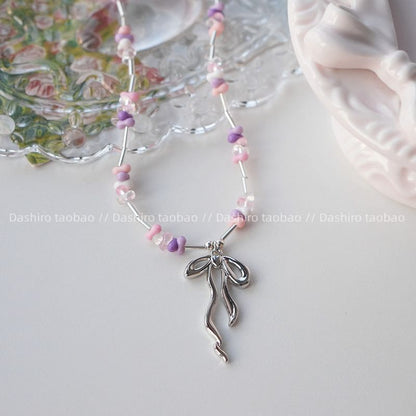 Necklace Irregular Beaded Pendant Bow