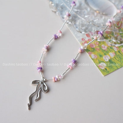 Necklace Irregular Beaded Pendant Bow