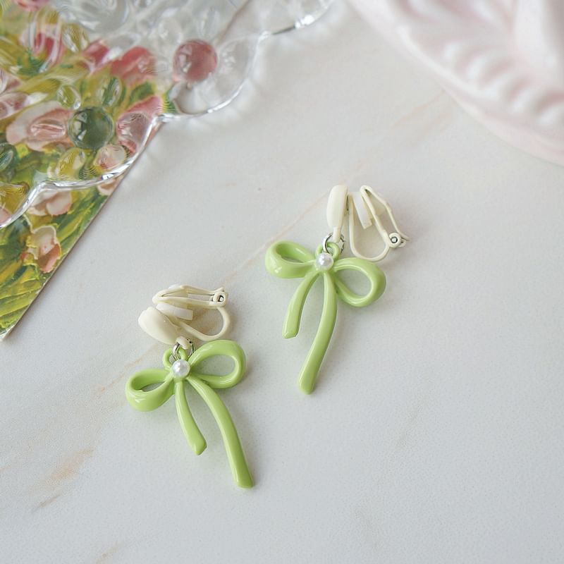 / Heart Clip-On Drop Pearl Bow Earring Faux