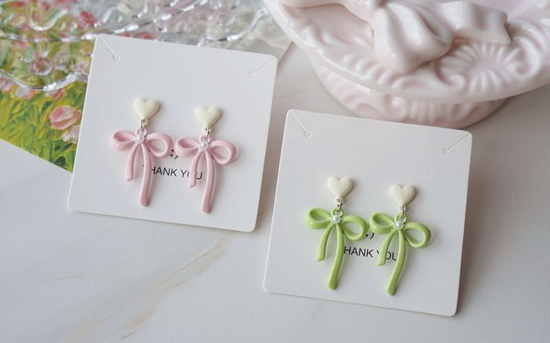 / Heart Clip-On Drop Pearl Bow Earring Faux