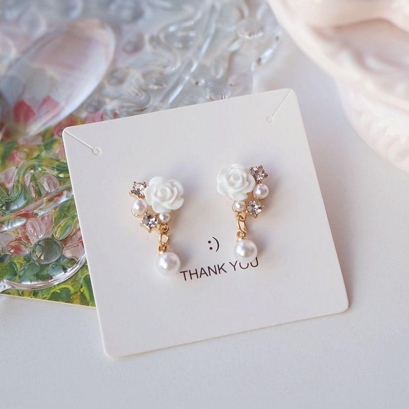 Drop Earring Faux / Clip-On Rhinestone Floral Pearl