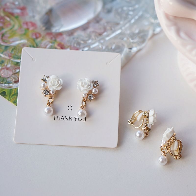 Drop Earring Faux / Clip-On Rhinestone Floral Pearl