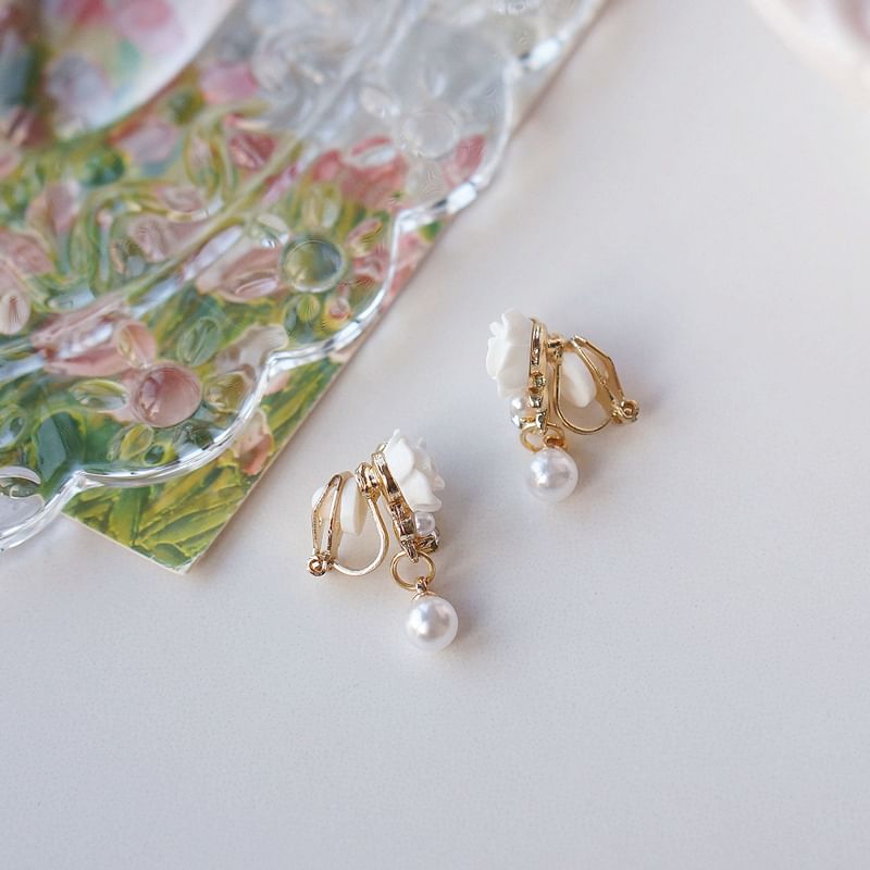 Drop Earring Faux / Clip-On Rhinestone Floral Pearl