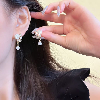 Drop Earring Faux / Clip-On Rhinestone Floral Pearl