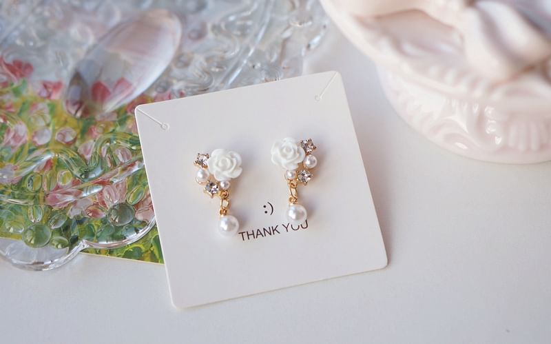 Drop Earring Faux / Clip-On Rhinestone Floral Pearl